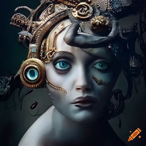 Surreal steampunk artwork of a mechanical venus emerging from the sea
