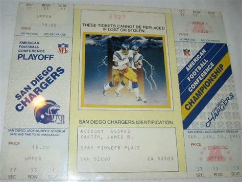 1982 AFC Championship Playoff Game Ticket CHARGERS Stub