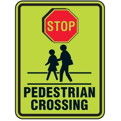 Stop Pedestrian Crossing (Graphic) - Fluorescent Pedestrian Signs | Emedco