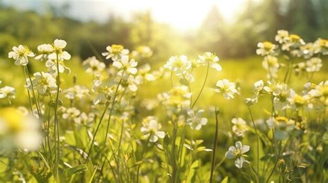 Premium AI Image | Blooming Flowers in the Meadow at Sunset