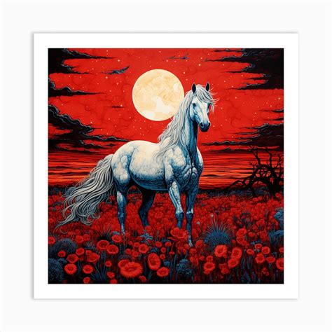 White Horse In Red Poppy Field Art Print by DBmedia - Fy