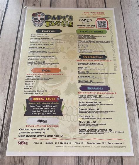 Menu at Papi's Tacos restaurant, Wildwood