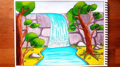 How to Draw A Waterfall Stream Scenery for Beginners| Step By Step - YouTube