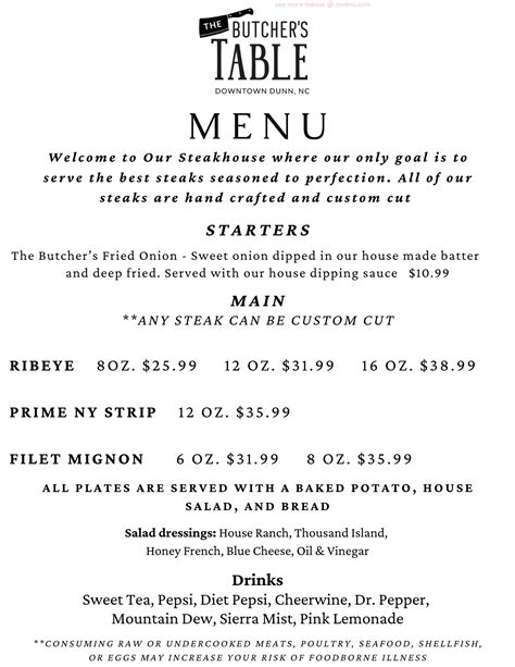 Menu at The Butcher's Table pub & bar, Dunn