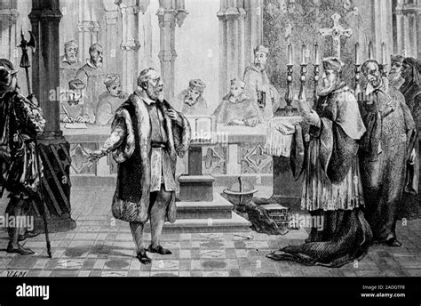 Galileo's trial. Engraving of Italian astronomer Galileo Galilei's trial for heresy by the Roman ...