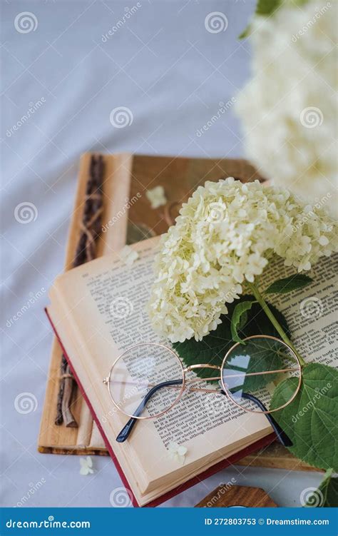 Libro Abierto Con Flores De Hidrangea Y Gafas En Cama Blanca Imagen de ...