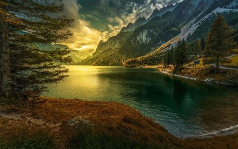 Download wallpapers Gosau Lake, Spring, evening, mountain lake, sunset, mountain landscape, Alps ...