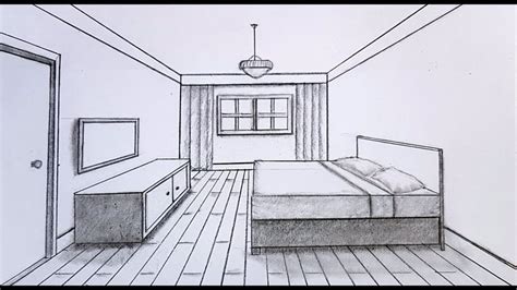 a drawing of a bedroom with a bed and dresser