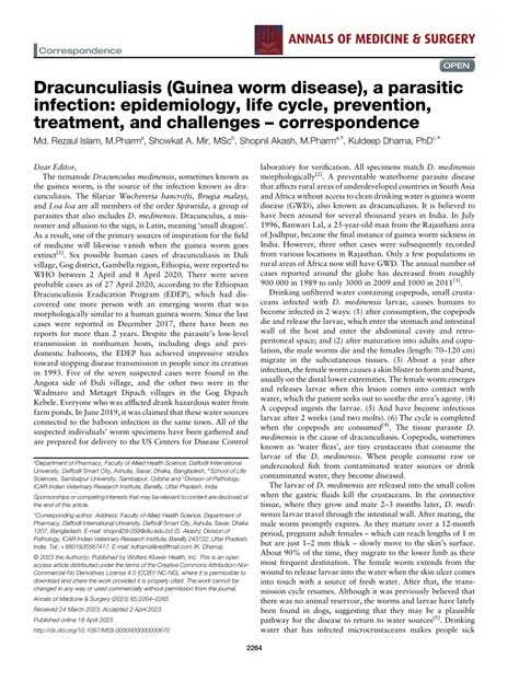 (PDF) Dracunculiasis (Guinea worm disease), a parasitic infection:, epidemiology, life cycle ...