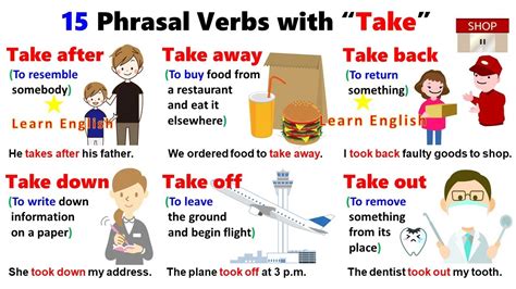 15 Phrasal Verbs with TAKE: Take after, Take away, Take back, Take down, Take off, Take out ...