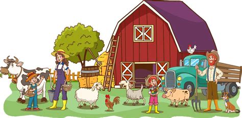 Family farm illustration with mother, father, kids, hay, cow, pig, calf, cow. Country rural ...