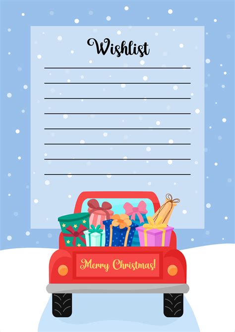 Christmas wishlist. Xmas wish list with copy space for writing. Car with gifts back view. Flat ...