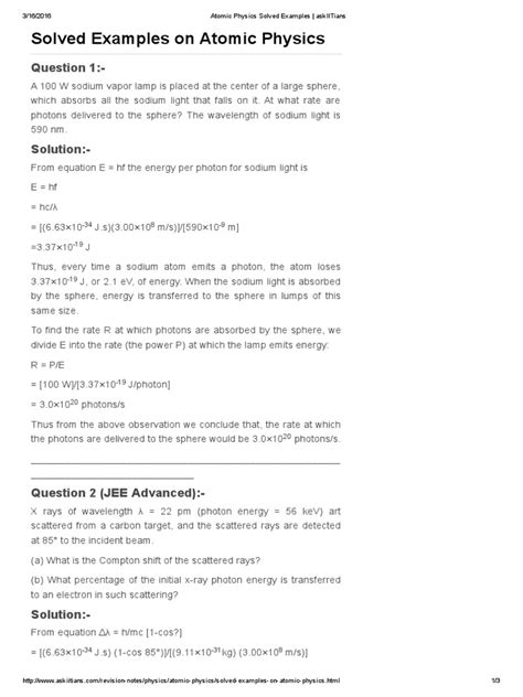 Atomic Physics Solved Examples - AskIITians | PDF | Photon | Electronvolt