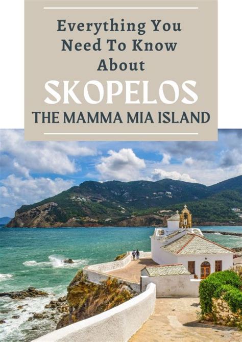 a white house with the words everything you need to know about skopelos, the mamma mia island