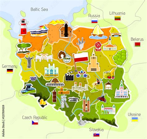 Plakat w ramie ALU Ilustracyjna mapa Polski z piktogramami i charakterystycznymi miejscami