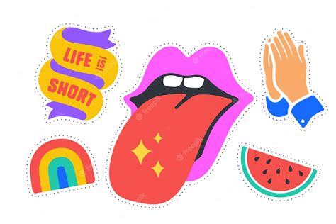 Premium Vector | Fun Stickers. Colorful fun stickers - rainbow, mouth with tongue, ribbon.