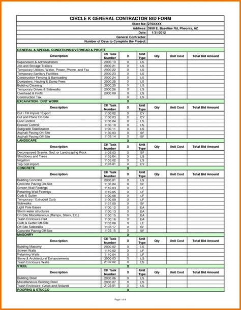 Bid Spreadsheet throughout 009 Template Ideas Construction Bid Sheet ...