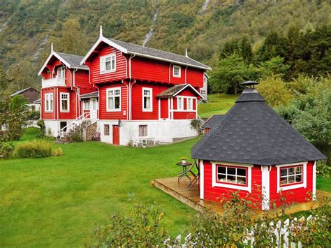 Traditional Red Wooden House, Norway Stock Image - Image of outside ...