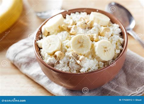 Cottage Cheese with Banana and Nuts Stock Photo - Image of product, breakfast: 77526912