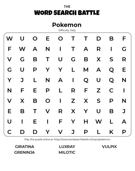 Printable Pokemon Word Search