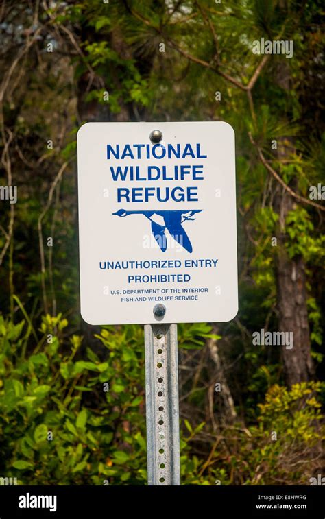 National Wildlife Refuge sign in Bon Secour National Wildlife Refuge, along the gulf coast of ...