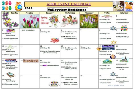 Calendar of Events – April 2022 – Valleyview Residence