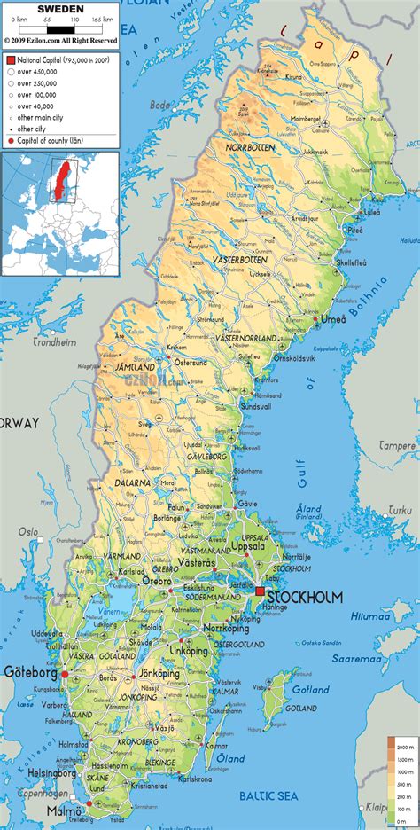 Large detailed physical map of Sweden with all roads, cities and ...