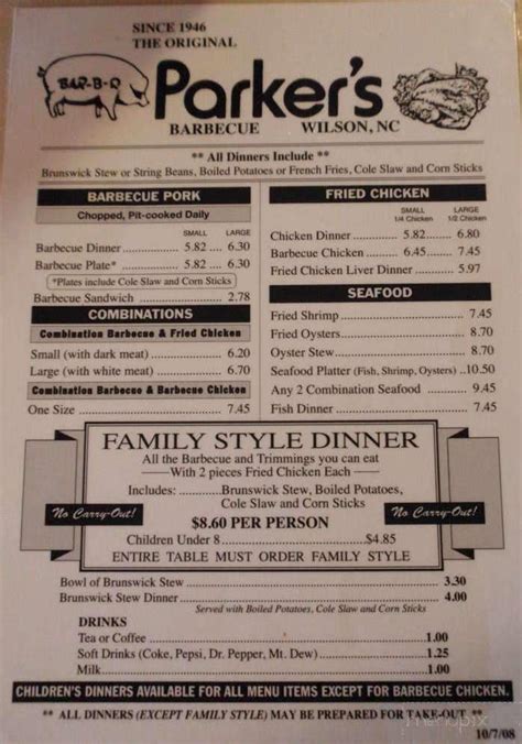 Online Menu of Parker's Barbecue, Wilson, NC