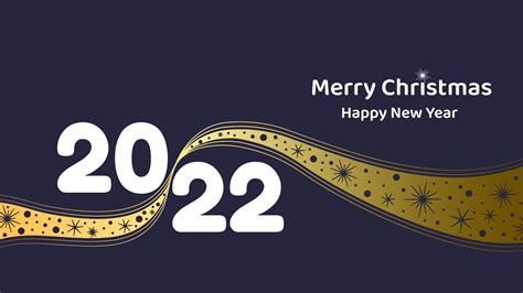 Merry Christmas and New Year 2022. Greeting card or banner with golden ribbon decorated with ...