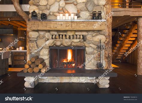 Rustic Fireplace In Log Cabin Stock Photo 19049614 : Shutterstock