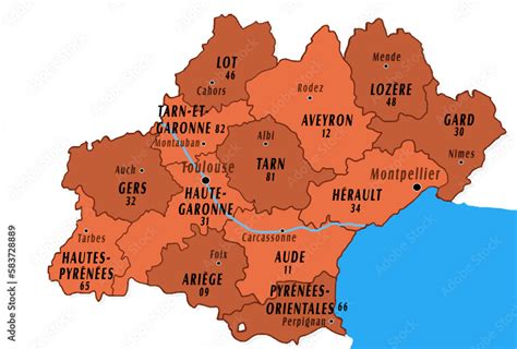 Administrative map of Occitanie region in France with departements ...