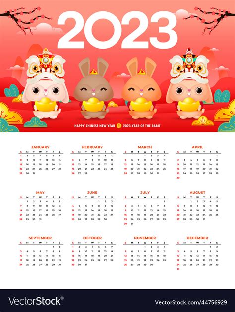 Happy chinese new year 2023 calendar cute rabbit Vector Image