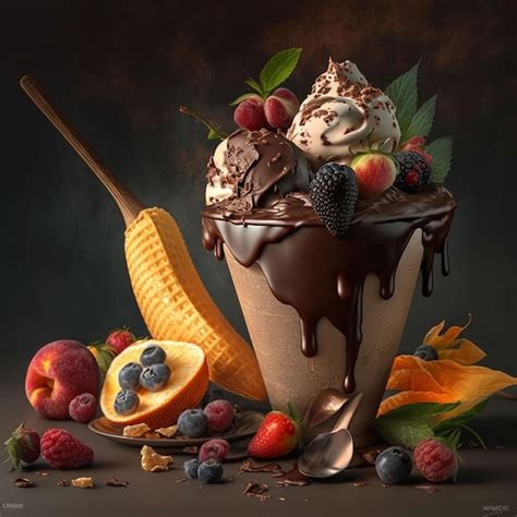 Premium Photo | A chocolate sundae with a banana, fruit, and a banana ...