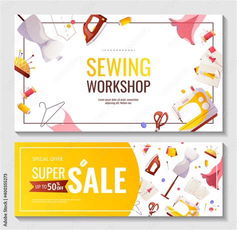 Set of banners for sewing workshop or courses, fashion design, dressmaking, tailoring. Sewing ...