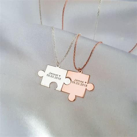 Couple Necklace Puzzle Piece, Puzzle 2 Pieces Matching Custom Set, BFF Gift for Her, Engraved ...