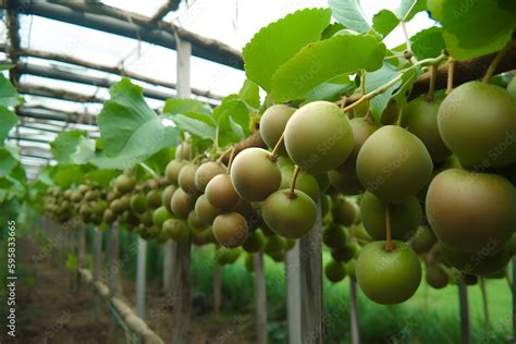 Kiwi picking season. Kiwi on a kiwi tree plantation greenhouse with ...