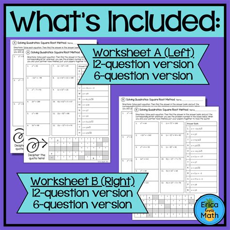 Solving Quadratics by Square Root Method Differentiated Partner Worksheets - Classful