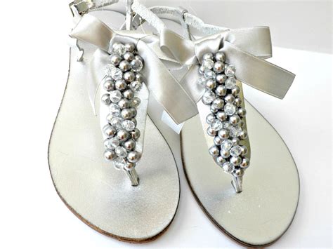 Silver Wedding sandals/ Bridal Silver pealrs crystal beads/ Greek leather sandals/ T strap ...