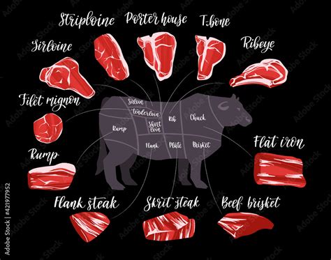 Steak cuts set. Beef cuts chart and pieces of beef, used for cooking ...