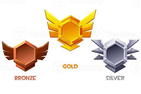 Set of game rank icons isolated. Bronze, silver and gold game badges buttons. Game Badges ...