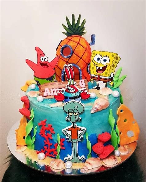 a spongebob themed birthday cake on a table