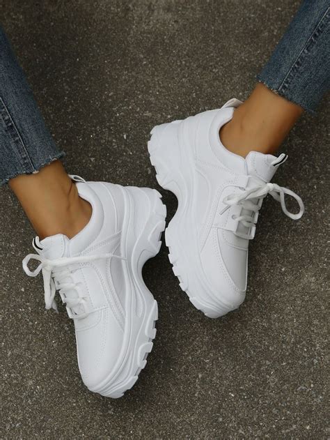 White Sporty Collar Letter Chunky Sneakers Embellished Women Shoes ...