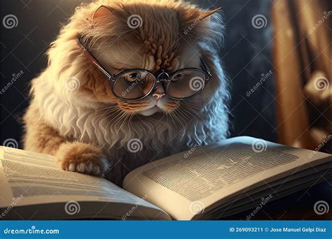 Intelligent Cat Wearing Glasses for Reading a Book. Education Concept ...