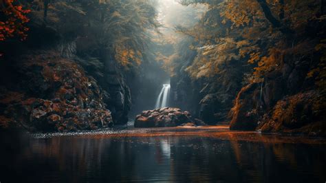 Wallpaper Autumn forest, 5k, 4k wallpaper, rocks trees, plants, waterfall, river, Nature #584