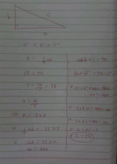 The perimeter of a triangle ABC right angled C is 70, and the inradius ...