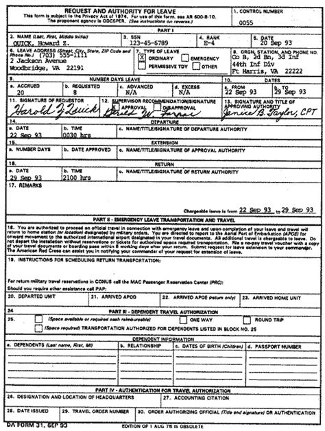 Sample of Completed DA Form 31 (ArmyStudyGuide.com)