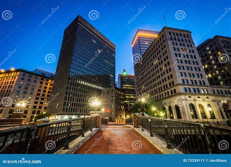 Bridge and Modern Buildings at Night, in Downtown Providence, Rh Stock ...