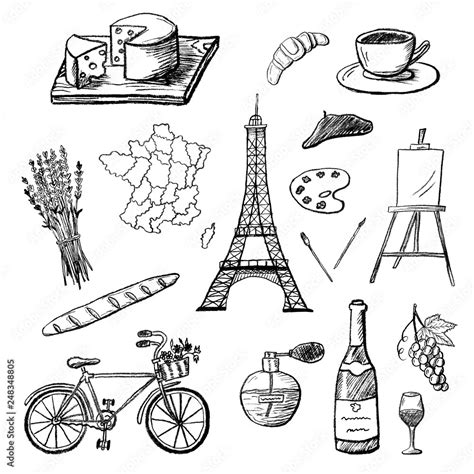 Set of hand drawn icons of French culture. Charcoal drawing of France map, champagne, Paris, etc ...