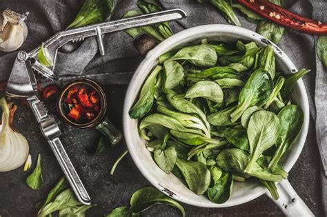 Green Salad Leaves In Vintage Colander On Rustic Kitchen Table Photo Background And Picture For ...