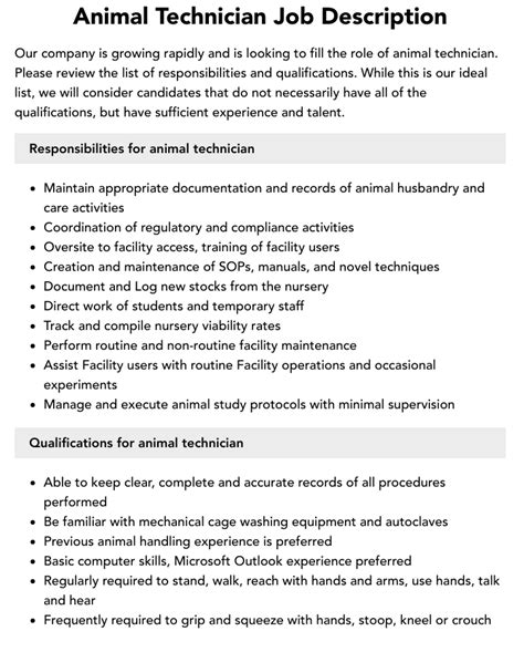 Animal Technician Job Description | Velvet Jobs